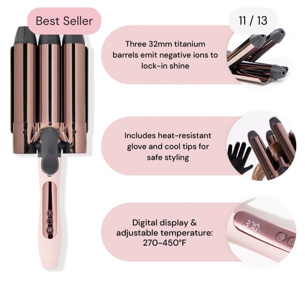 L'ange Le Tridente 3-Barrel Curling Iron in Rose Gold and Pink - Picture 2 of 4